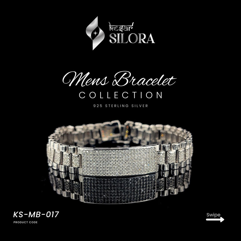 Sterling Silver Link Chain Men's Bracelet With Diamond-Studded Centre Plate