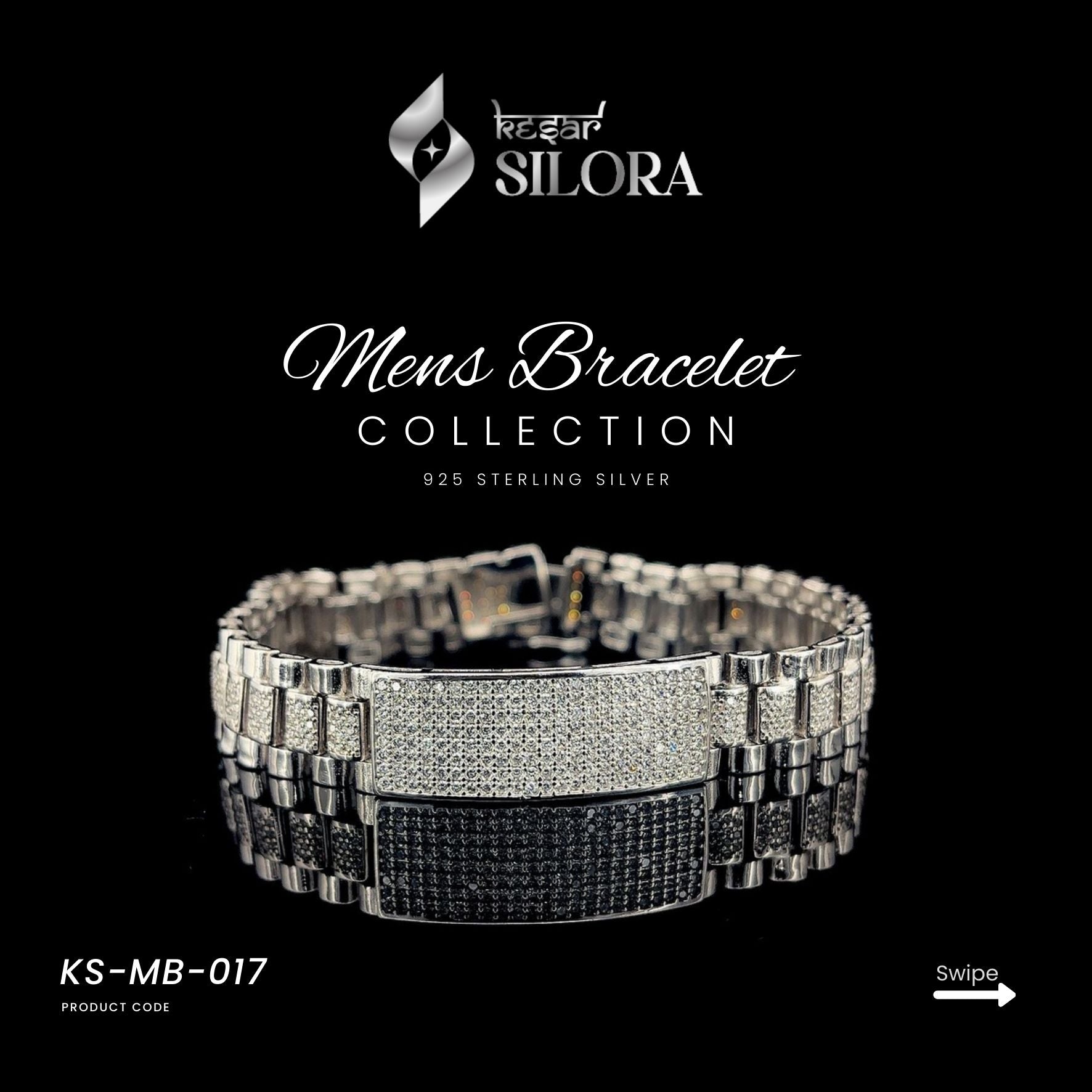 Sterling Silver Link Chain Men's Bracelet With Diamond-Studded Centre Plate
