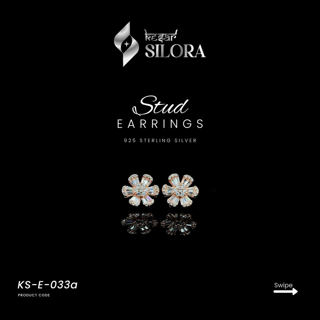 Emerald Cut Diamond-Studded Floral Rose Gold Sterling Silver Earrings