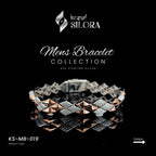 Sterling Silver Men's Bracelet With Two-Tone Link Chain And Rose-Gold Diamond-Set Pyramid Pattern