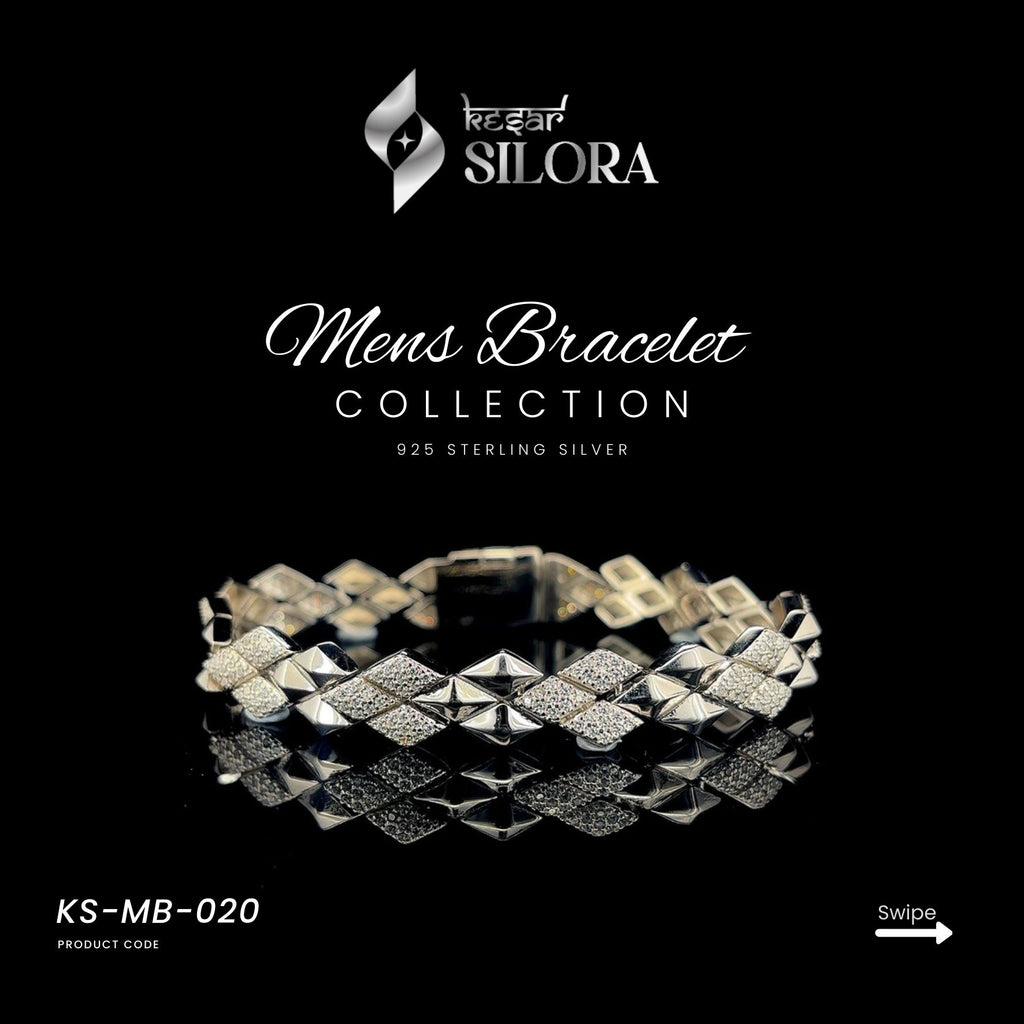 Sterling Silver Men's Bracelet With Link Chain And Diamond-Set Pyramid Pattern