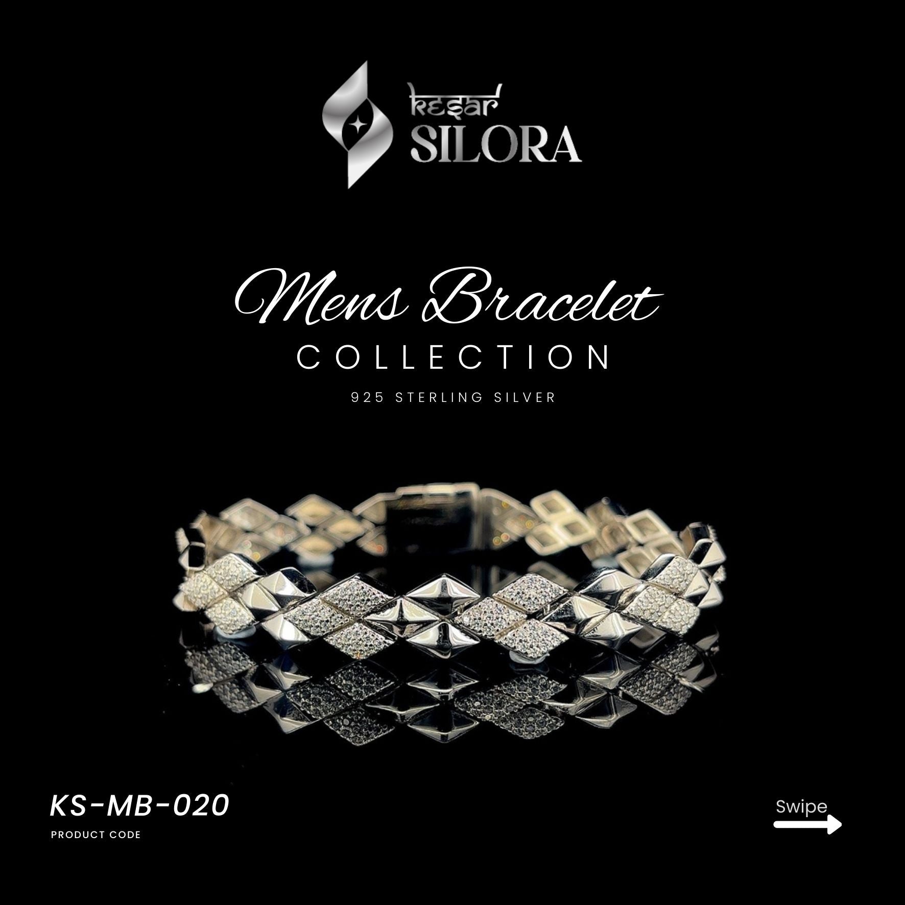 Sterling Silver Men's Bracelet With Link Chain And Diamond-Set Pyramid Pattern