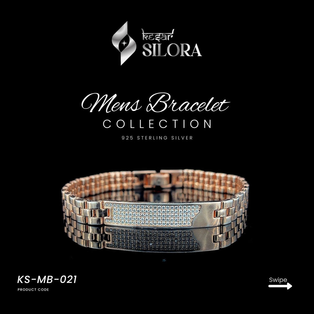 Rose Gold Plated Sterling Silver Link Chain Men's Bracelet With Diamond-Studded Centre Plate