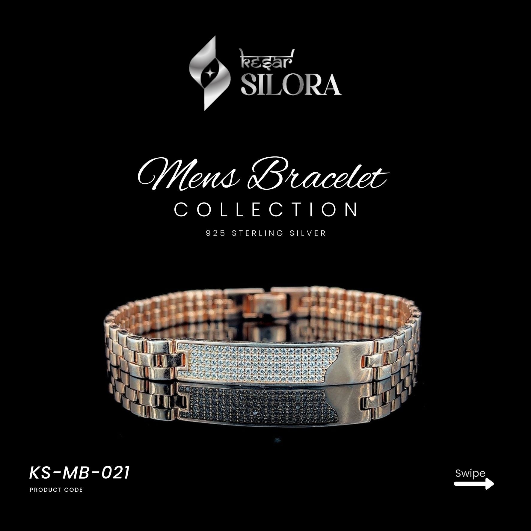 Rose Gold Plated Sterling Silver Link Chain Men's Bracelet With Diamond-Studded Centre Plate
