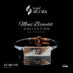 Sterling Silver Men's Bracelet With Black Band And Rose-Gold Benz Motif Centre Plate