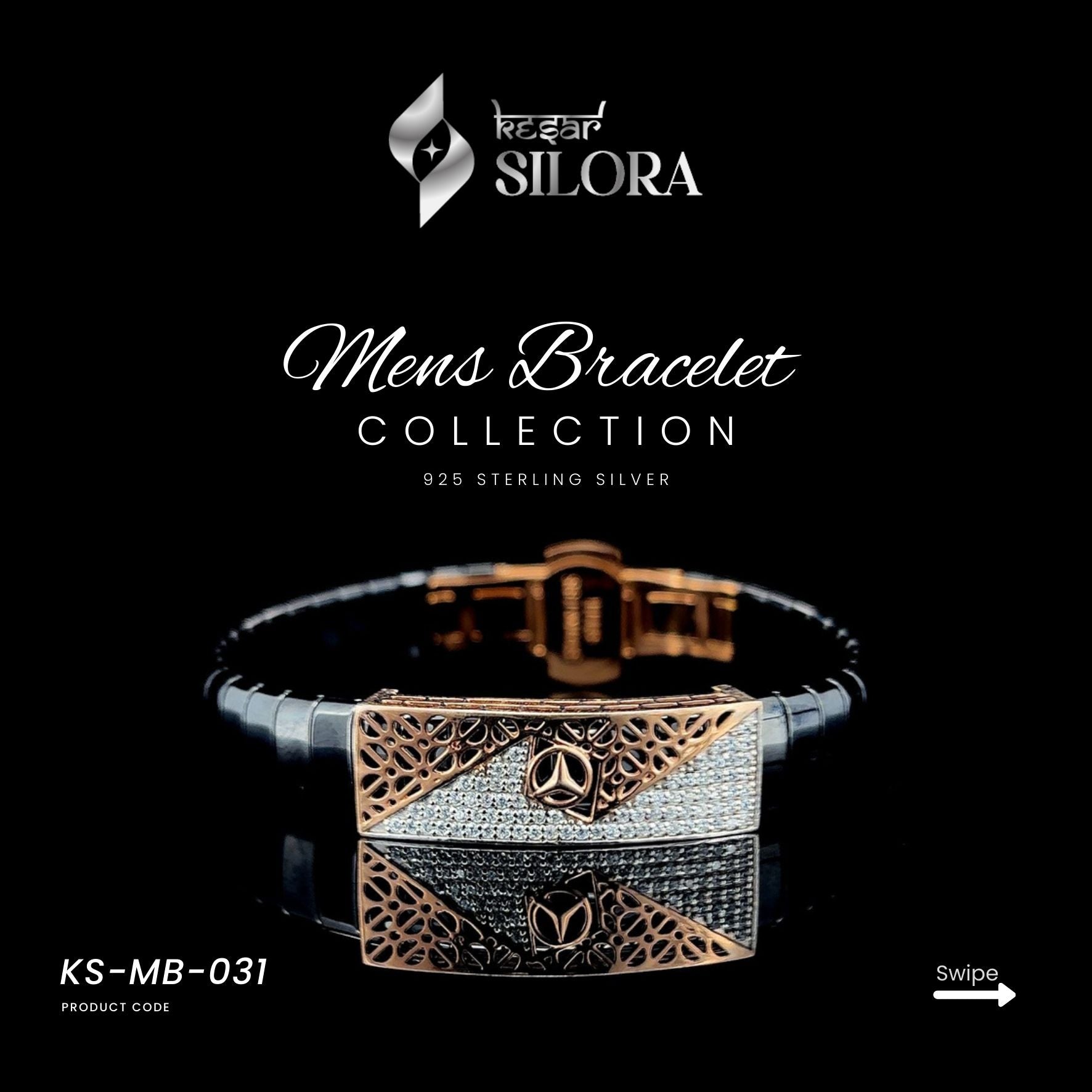 Sterling Silver Men's Bracelet With Black Band And Rose-Gold Benz Motif Centre Plate