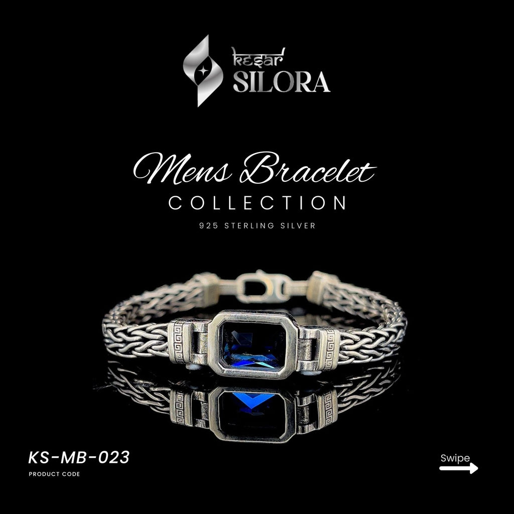 Sterling Silver Braided Men's Bracelet With A Central Blue Sapphire Diamond