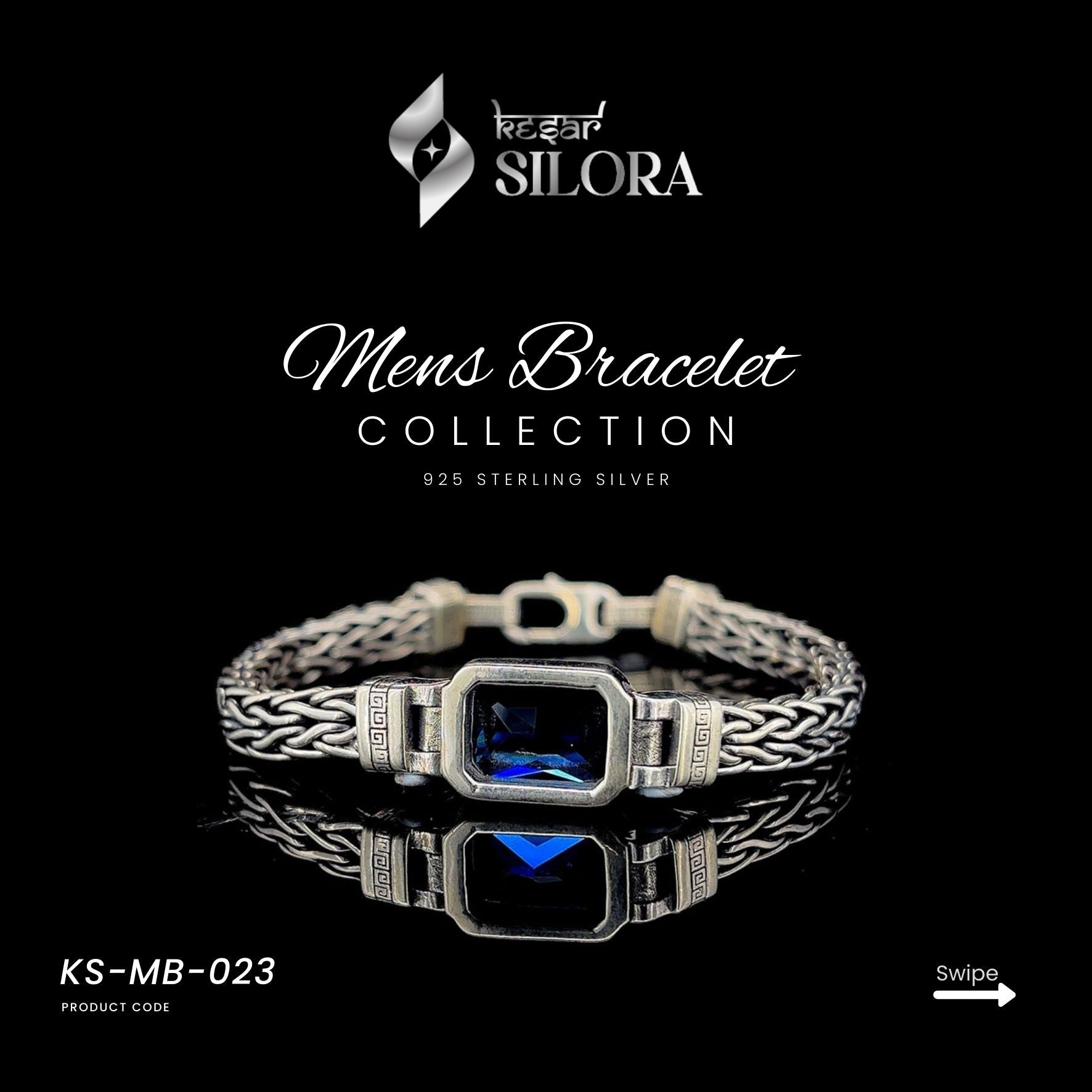 Sterling Silver Braided Men's Bracelet With A Central Blue Sapphire Diamond