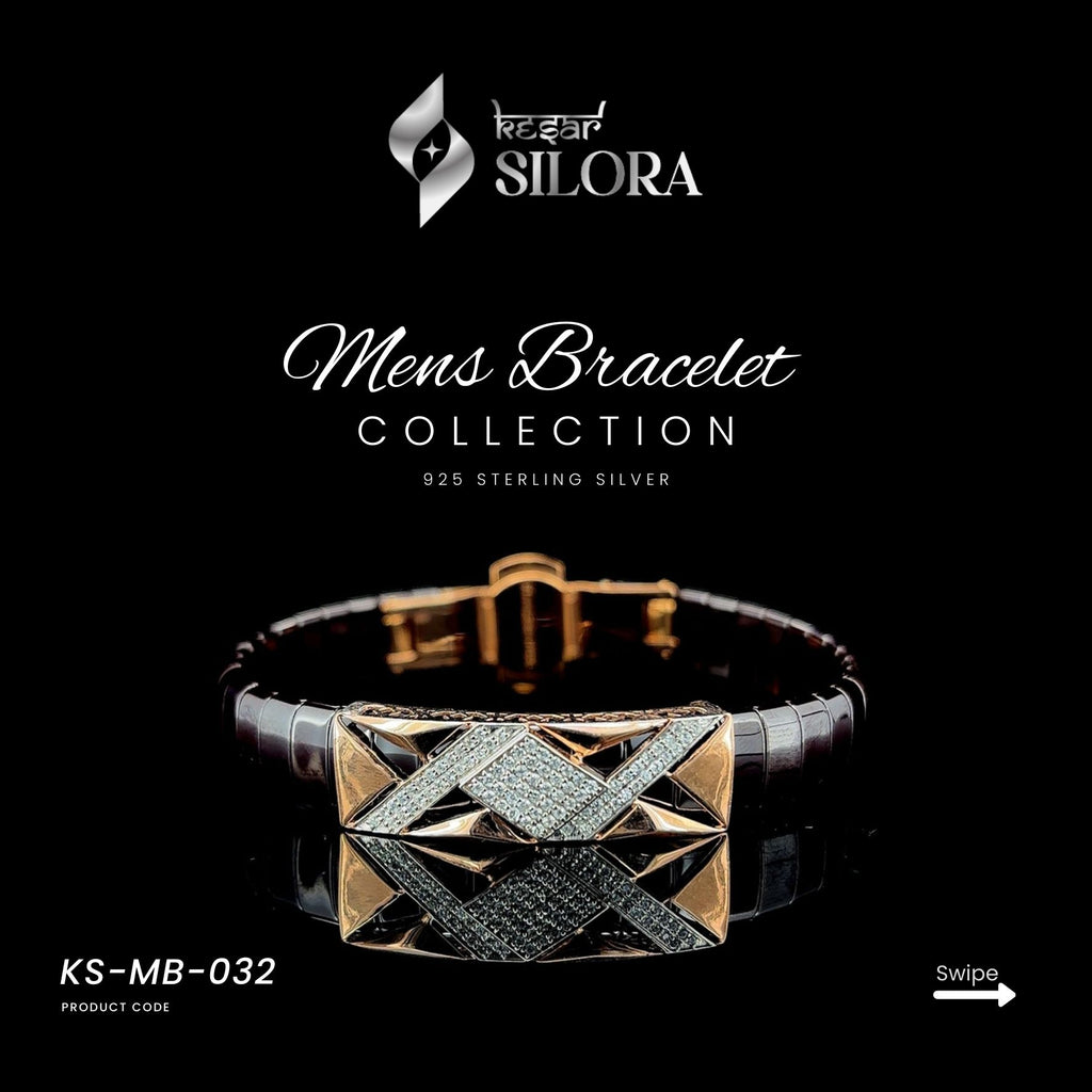 Sterling Silver Men's Bracelet With Black Band And Rose-Gold Diamond-Set X Lattice Centre Plate