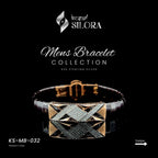 Sterling Silver Men's Bracelet With Black Band And Rose-Gold Diamond-Set X Lattice Centre Plate