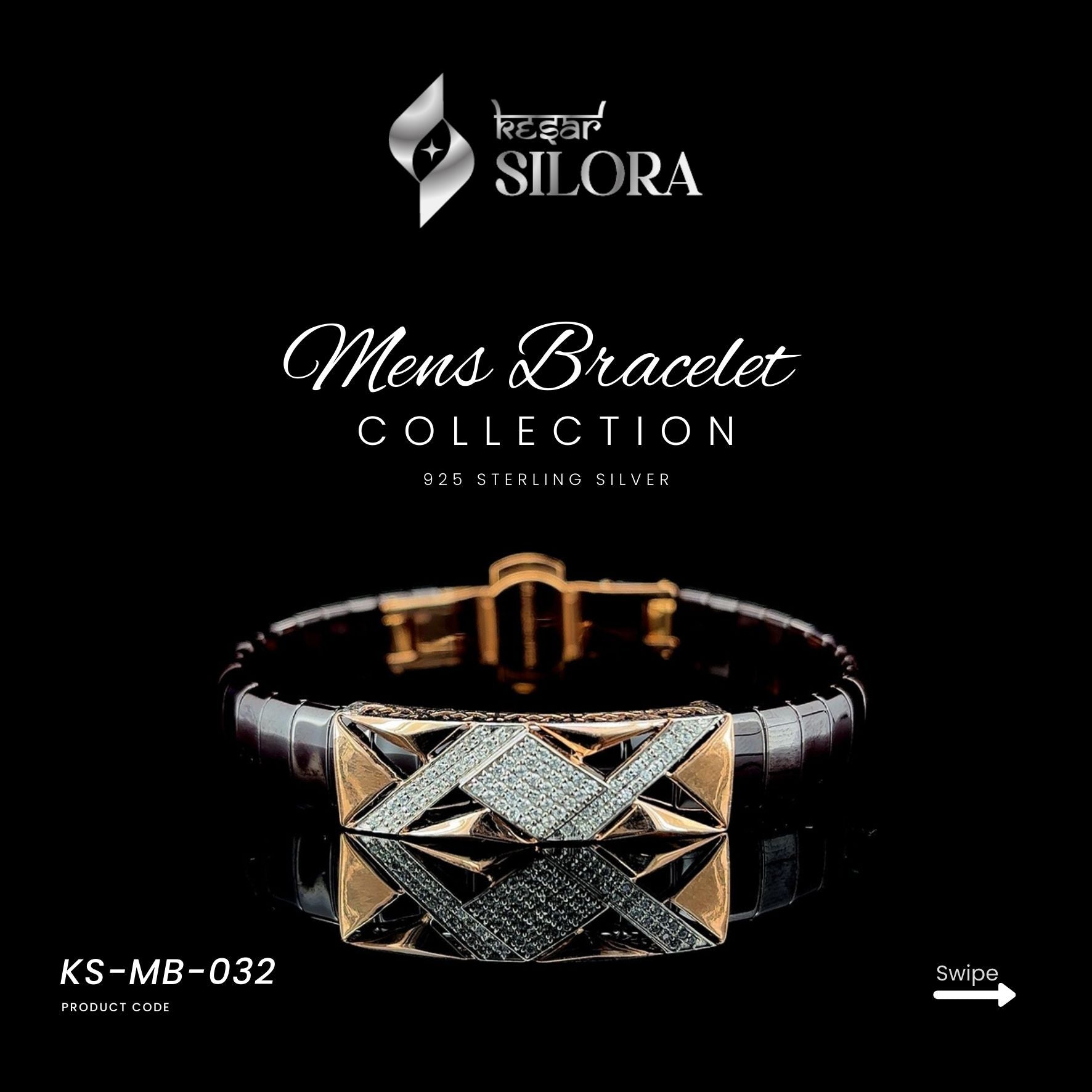 Sterling Silver Men's Bracelet With Black Band And Rose-Gold Diamond-Set X Lattice Centre Plate