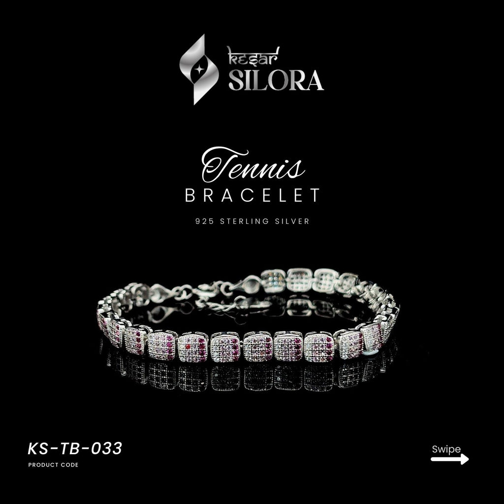Pink Stone Highlights Diamond-Studded Silver Tennis Bracelet