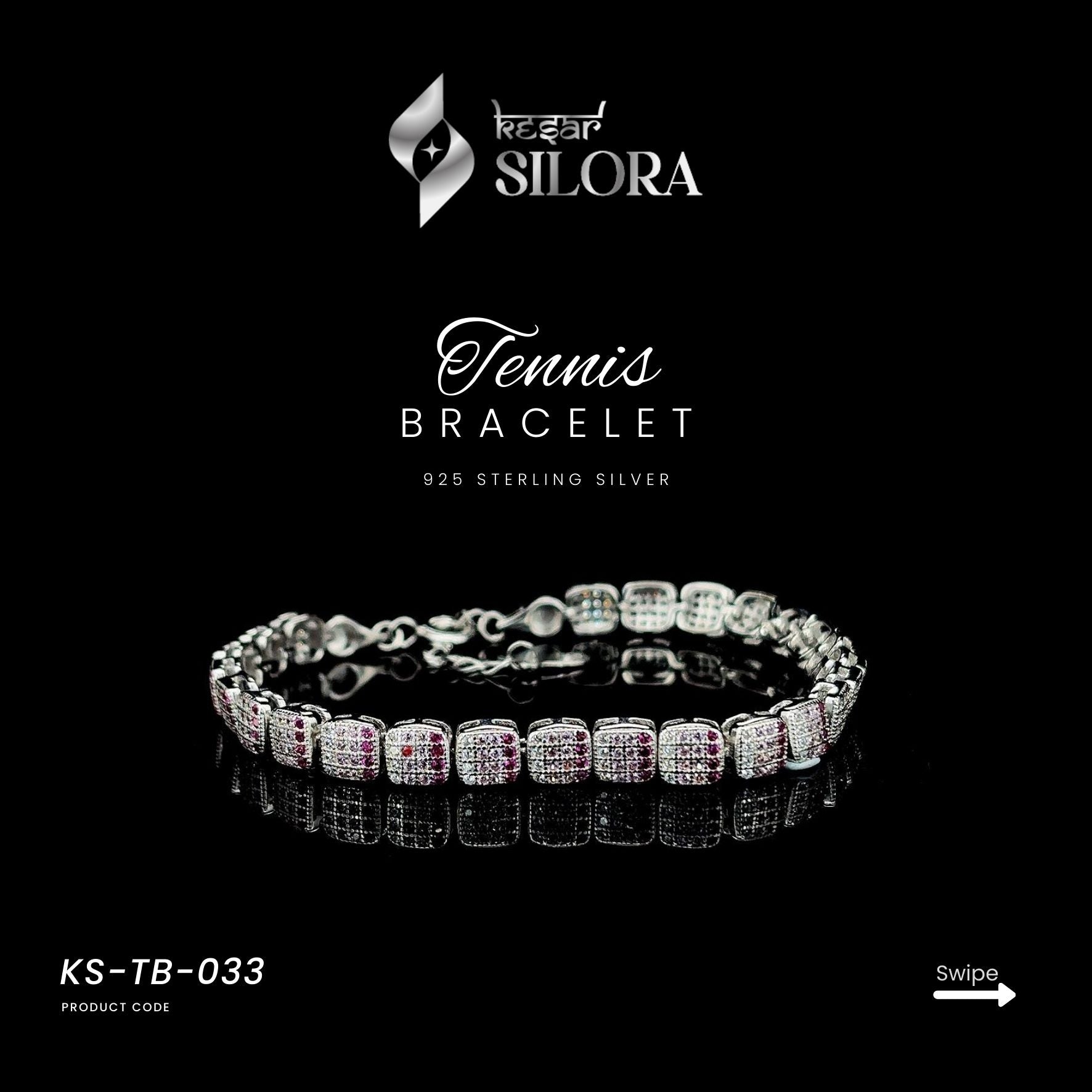 Pink Stone Highlights Diamond-Studded Silver Tennis Bracelet