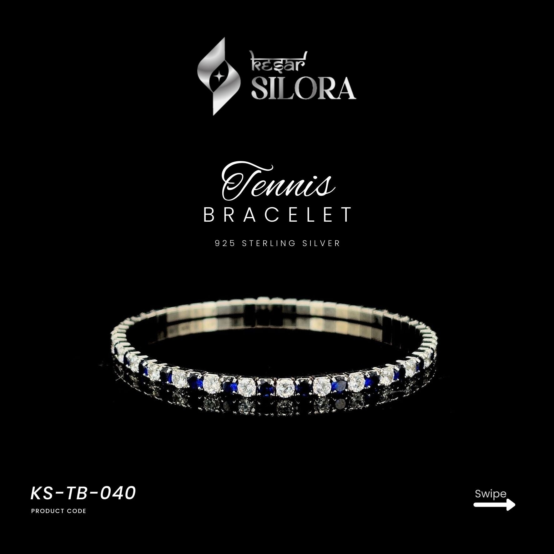 Sapphire And Diamond Alternating-Studded 925 Sterling Silver Bracelet