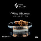 Sterling Silver Men's Bracelet With Black Band And Rose-Gold Diamond-Set Bar Grille Centre Plate