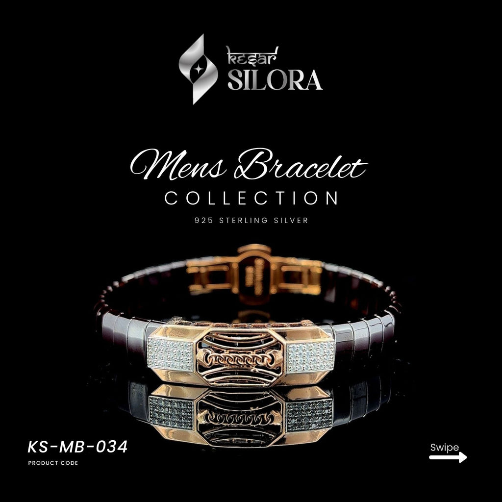 Sterling Silver Black Band Men's Bracelet With Rose-Gold Toned Centre Plate And Diamond-Set Chain Motif
