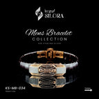 Sterling Silver Black Band Men's Bracelet With Rose-Gold Toned Centre Plate And Diamond-Set Chain Motif