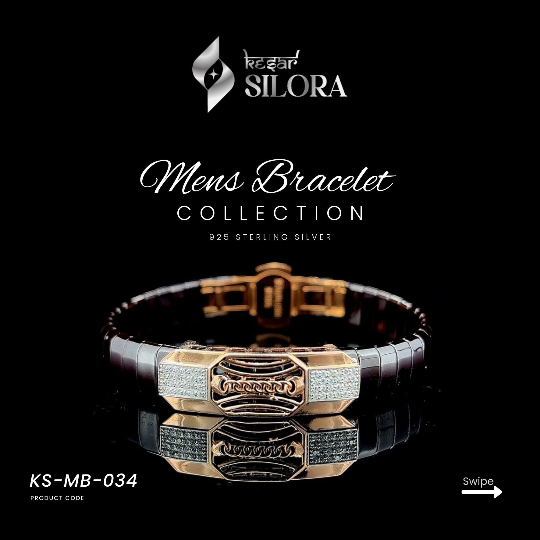 Sterling Silver Black Band Men's Bracelet With Rose-Gold Toned Centre Plate And Diamond-Set Chain Motif