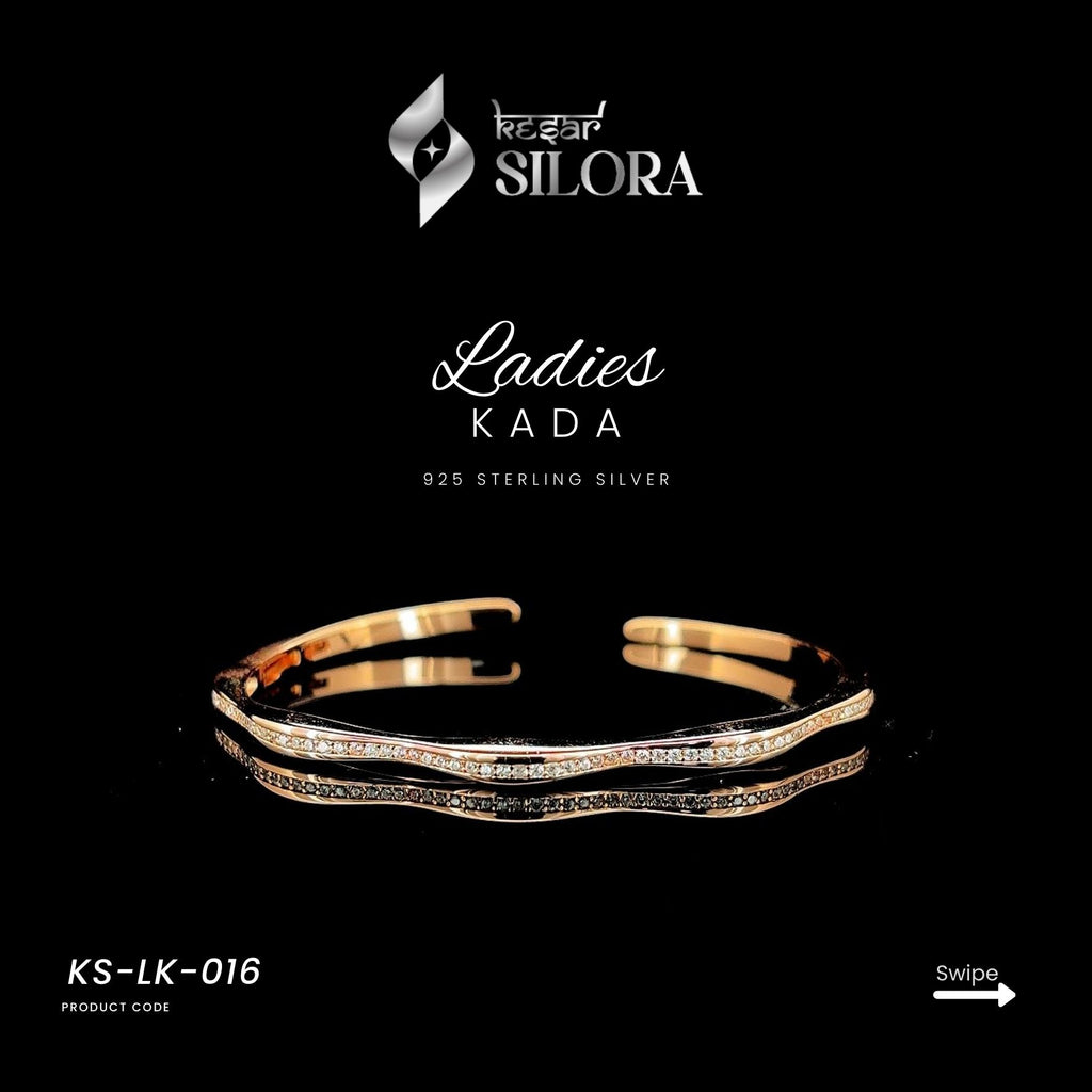 Rose Gold Plated Diamond-Studded Sterling Silver Wave Cuff Bracelet