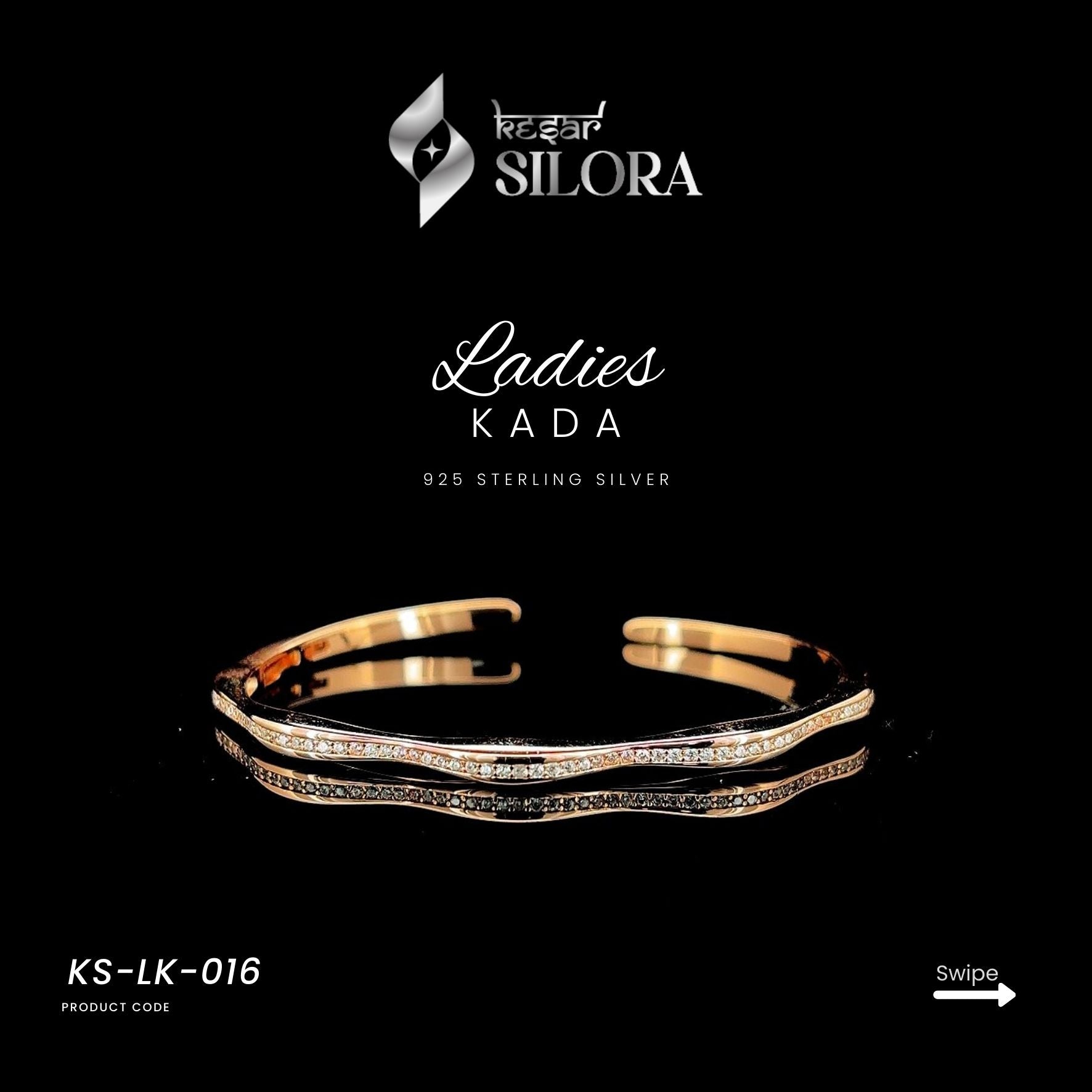 Rose Gold Plated Diamond-Studded Sterling Silver Wave Cuff Bracelet