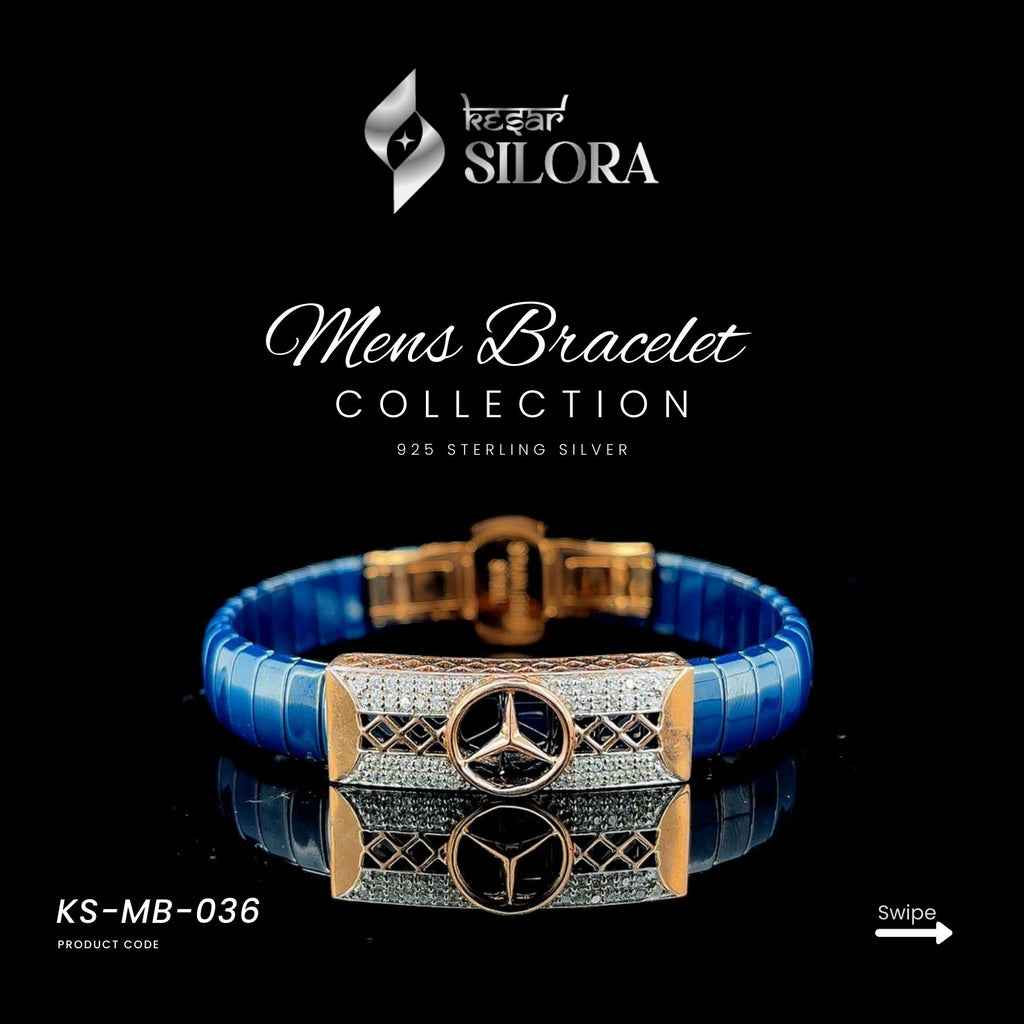 Sterling Silver Blue Band Men's Bracelet With Rose-Gold Toned Centre And Diamond-Studded Circular Emblem