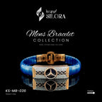 Sterling Silver Blue Band Men's Bracelet With Rose-Gold Toned Centre And Diamond-Studded Circular Emblem