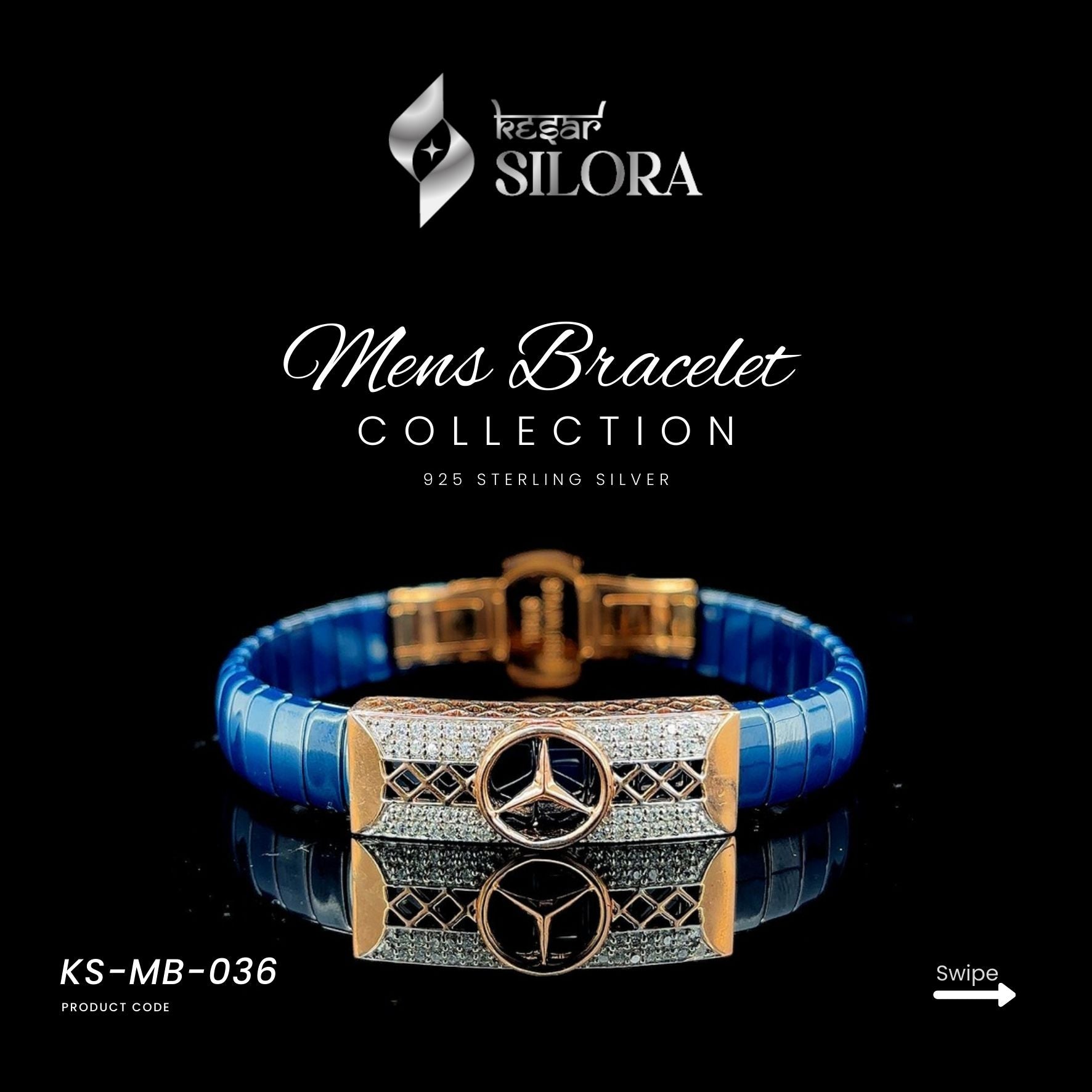 Sterling Silver Blue Band Men's Bracelet With Rose-Gold Toned Centre And Diamond-Studded Circular Emblem