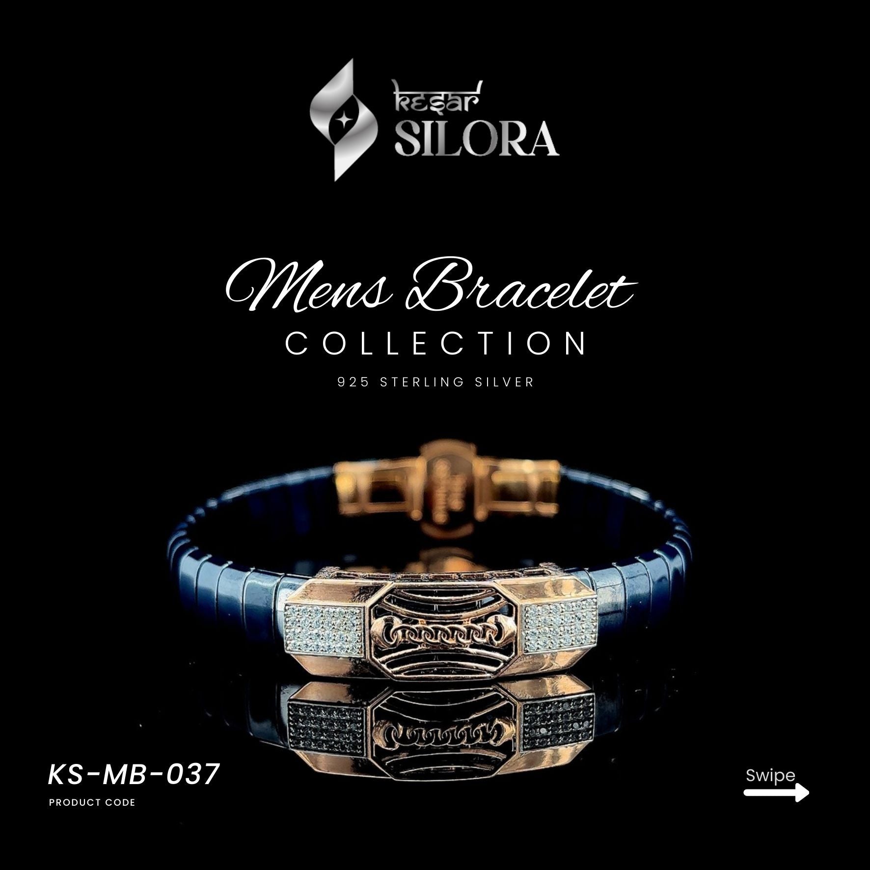 Blue Band Sterling Silver Men’s Bracelet With Rose-Gold Toned Centre Plate And Diamond-Studded Chain Design