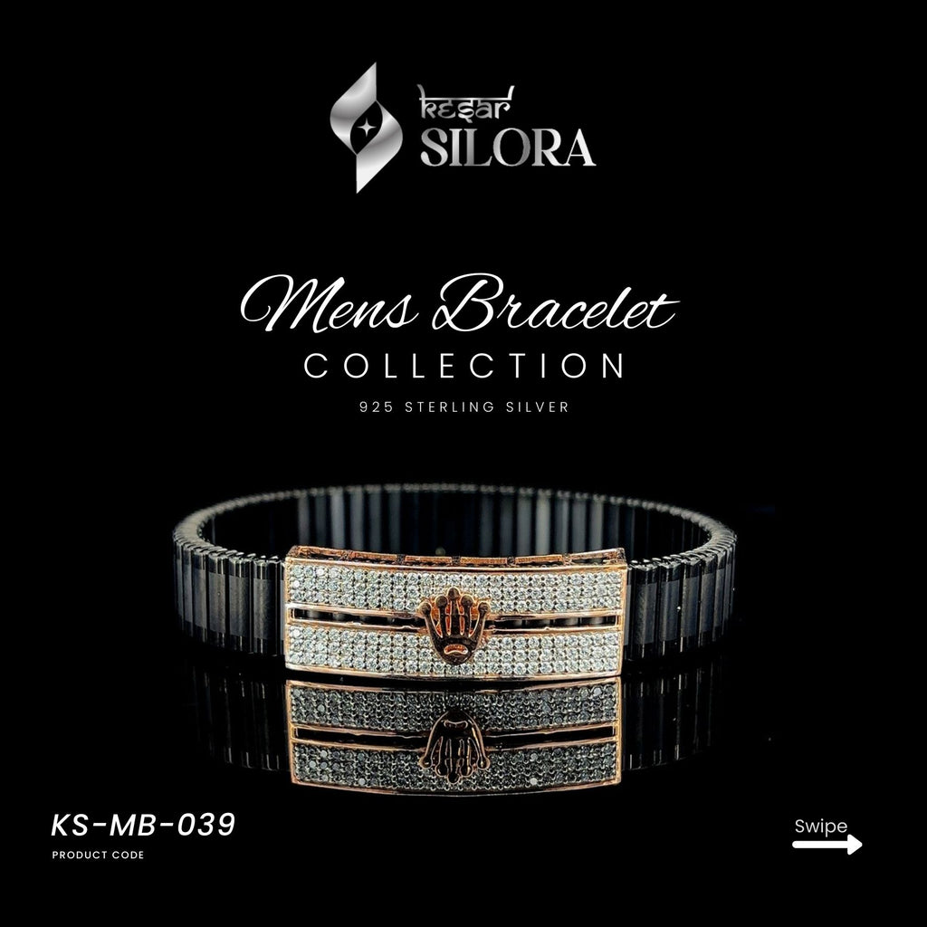 Black Band Plated Silver Diamond Studded Men's Kada With Rolex Logo