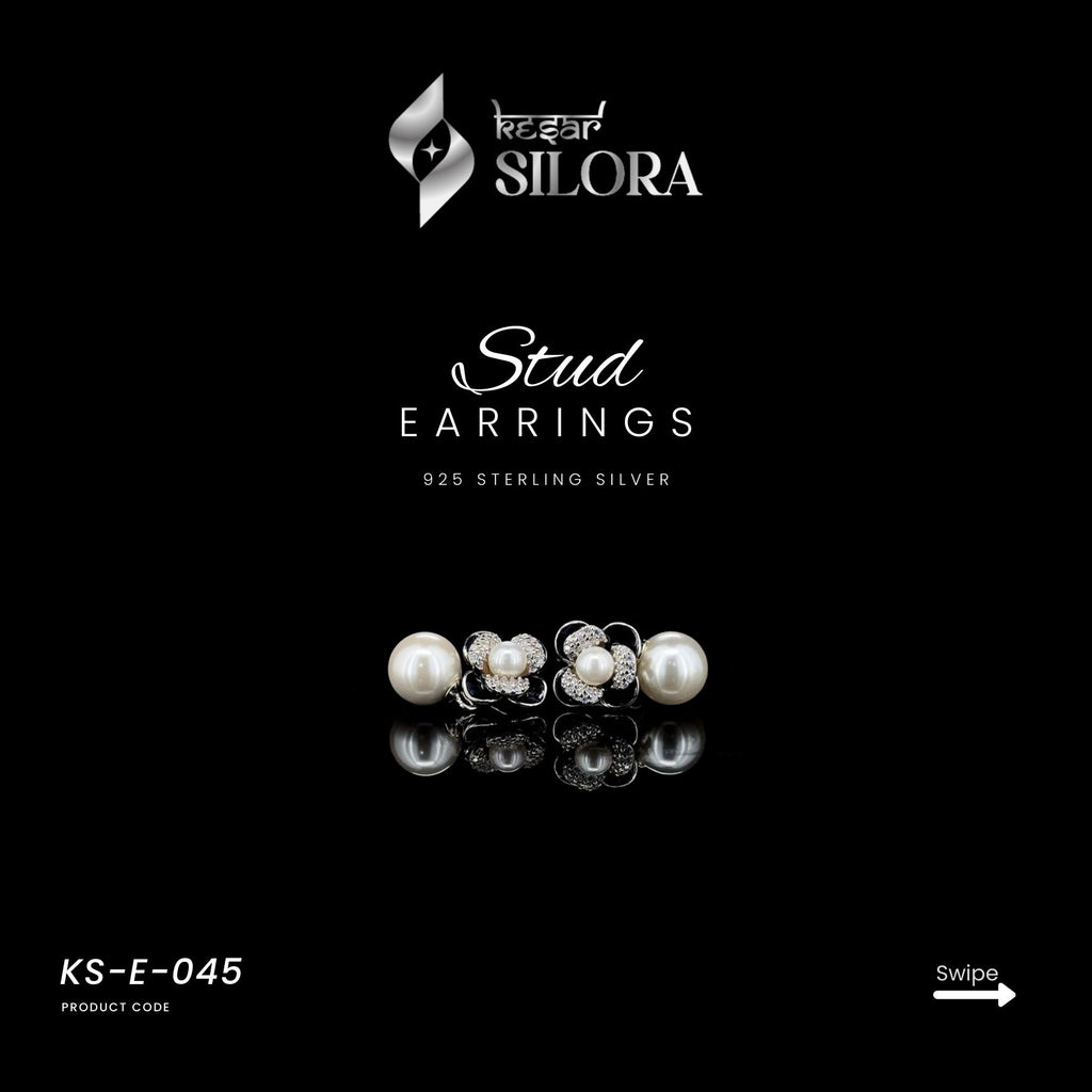 Pearl With Black Flower Silver Studs