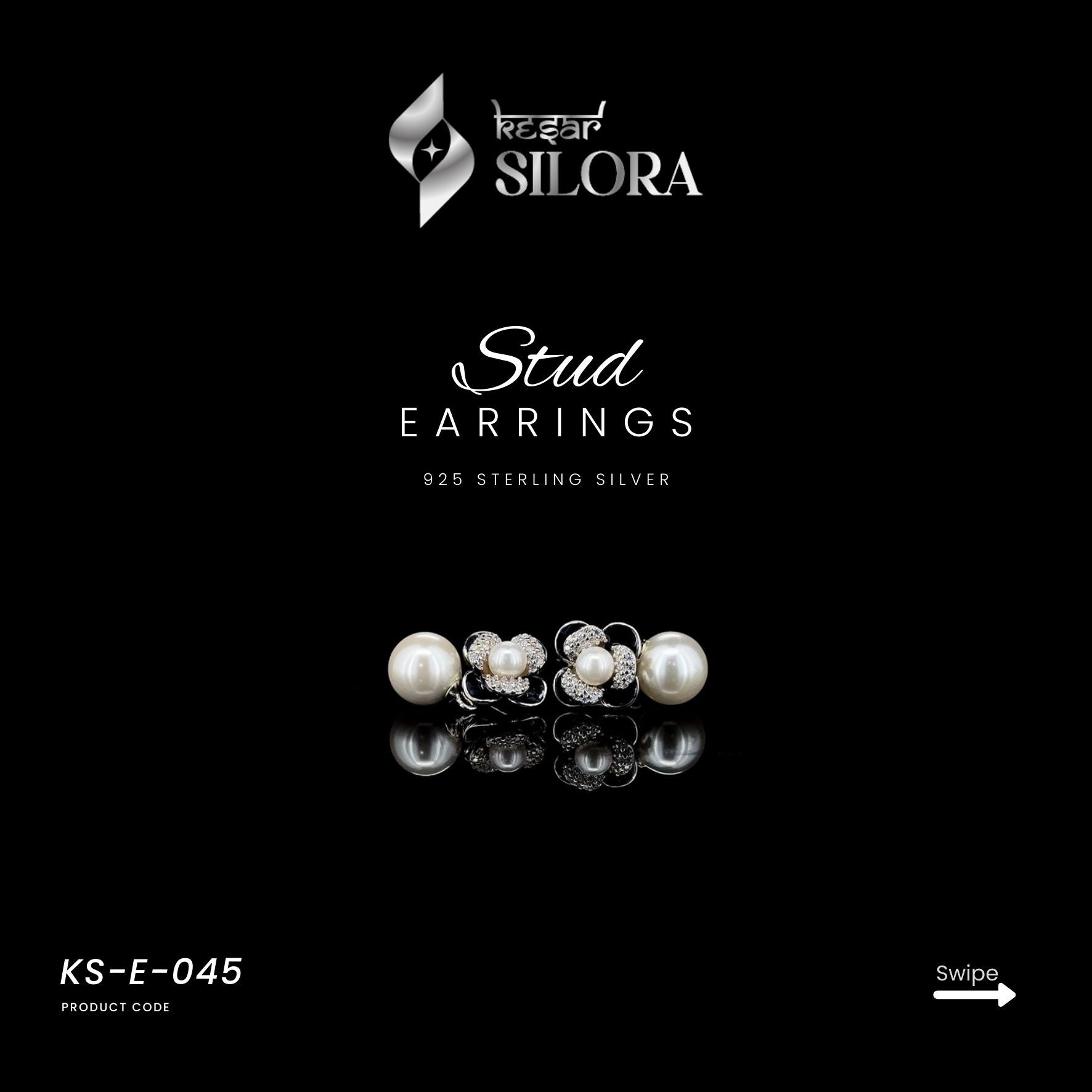 Pearl With Black Flower Silver Studs