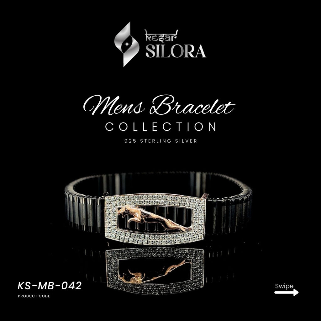 Black Band Plated Silver Men’s Kada With A Jaguar And Multi Diamond Accent