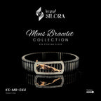 Sterling Silver Men's Bracelet With Black Band And Rose-Gold Diamond-Set Jaguar Motif Centre Plate