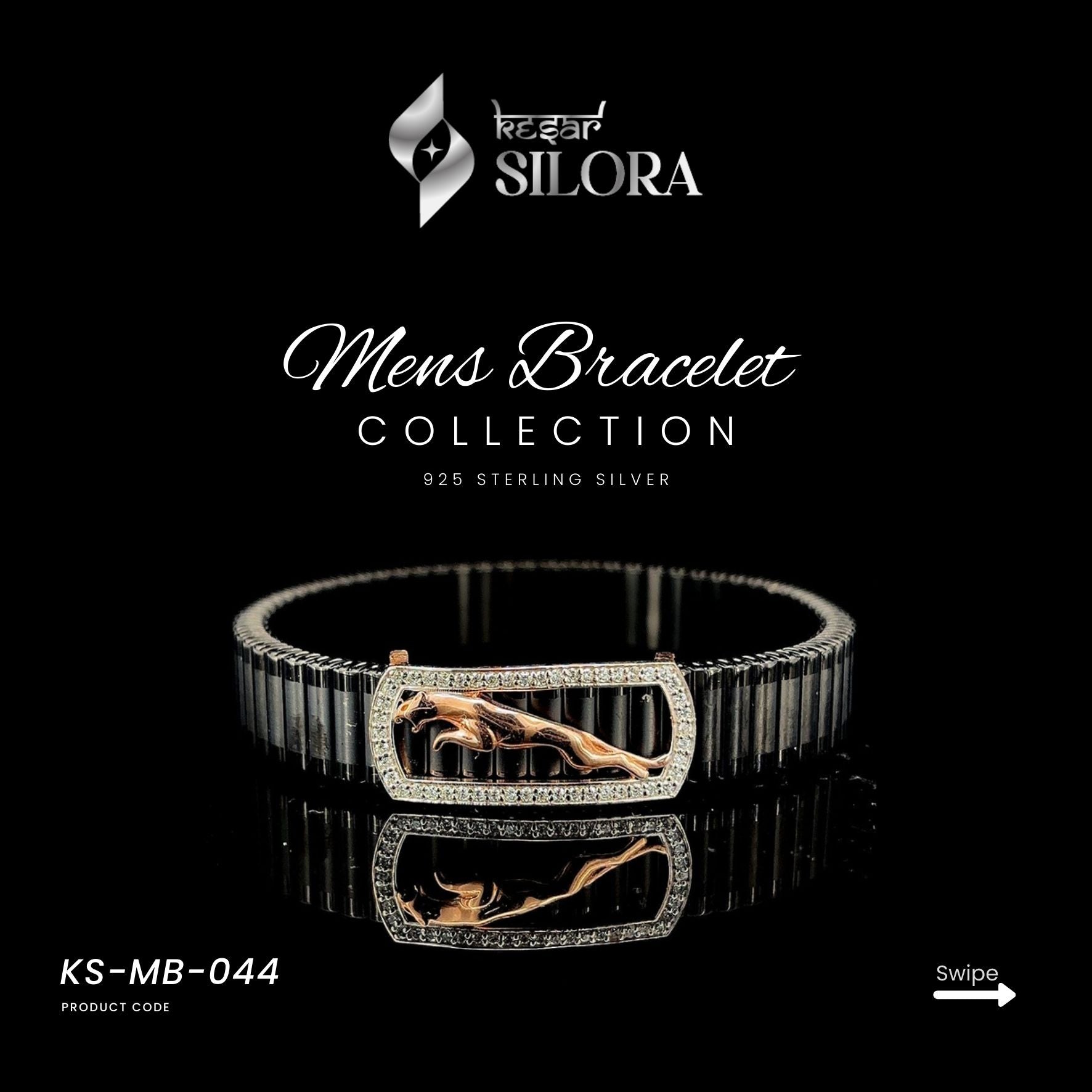 Sterling Silver Men's Bracelet With Black Band And Rose-Gold Diamond-Set Jaguar Motif Centre Plate