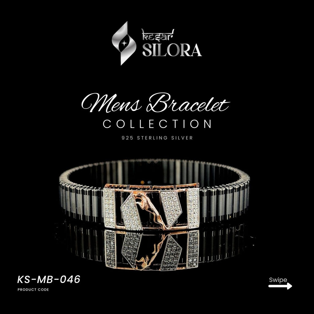 Sterling Silver Men's Bracelet With Black Band And Rose-Gold Diamond-Set Jaguar Motif And Geometric Centre Plate