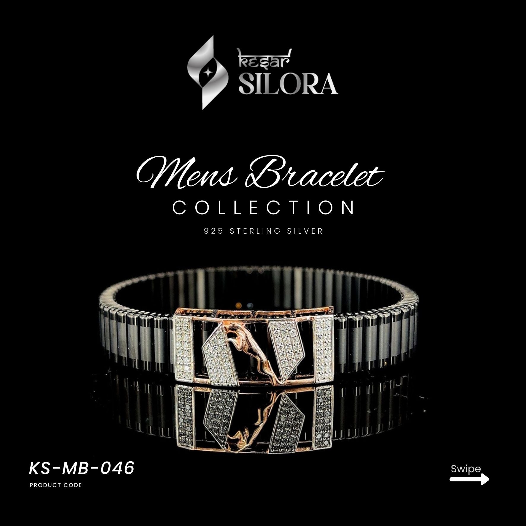 Sterling Silver Men's Bracelet With Black Band And Rose-Gold Diamond-Set Jaguar Motif And Geometric Centre Plate