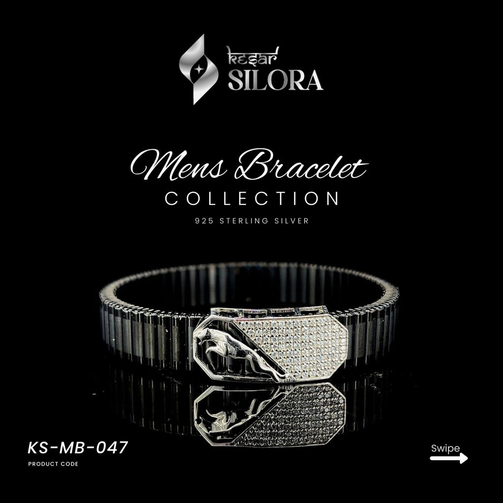 Sterling Silver Black Band Men’s Bracelet With Jaguar Motif On A Diamond Studded Silver Plate