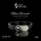 Sterling Silver Black Band Men’s Bracelet With Jaguar Motif On A Diamond Studded Silver Plate