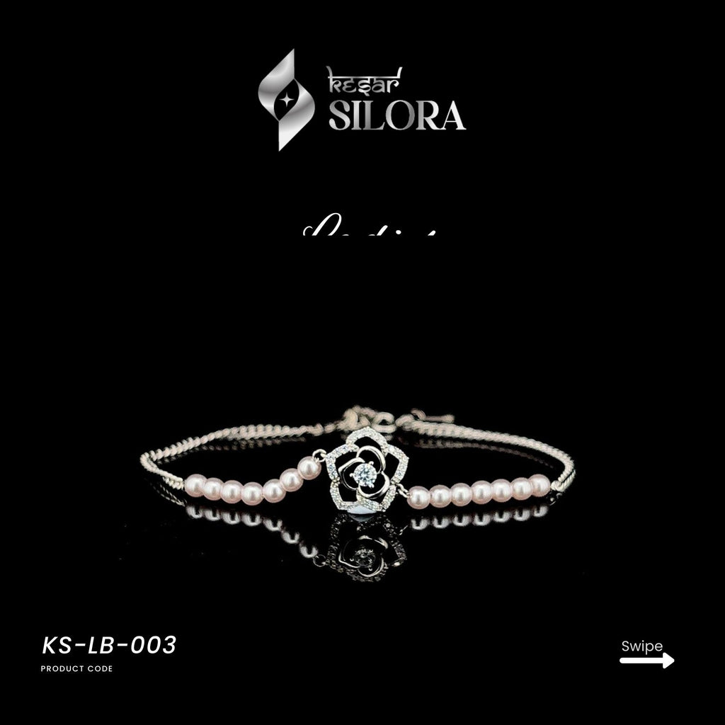 Diamond Studded Black Epoxy Camellia Flower With Pearl Chain Sterling Silver Bracelet