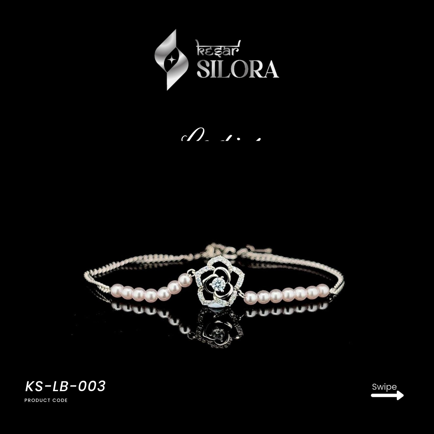 Diamond Studded Black Epoxy Camellia Flower With Pearl Chain Sterling Silver Bracelet