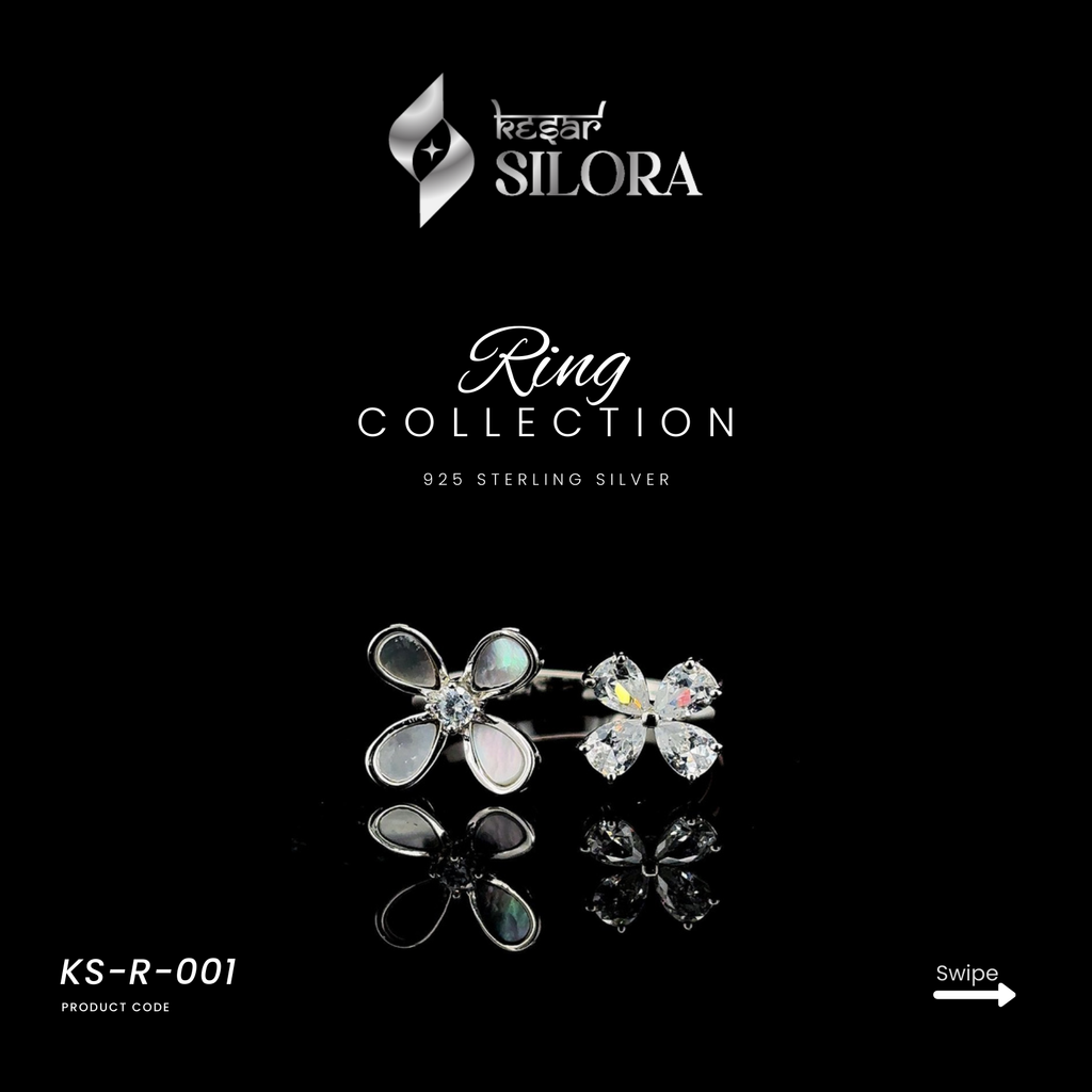 Studded Mother Of Pearl Twin Flower Sterling Silver Ring