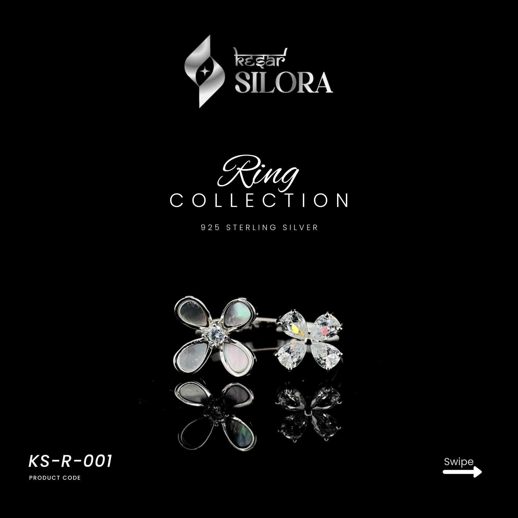 Studded Mother Of Pearl Twin Flower Sterling Silver Ring