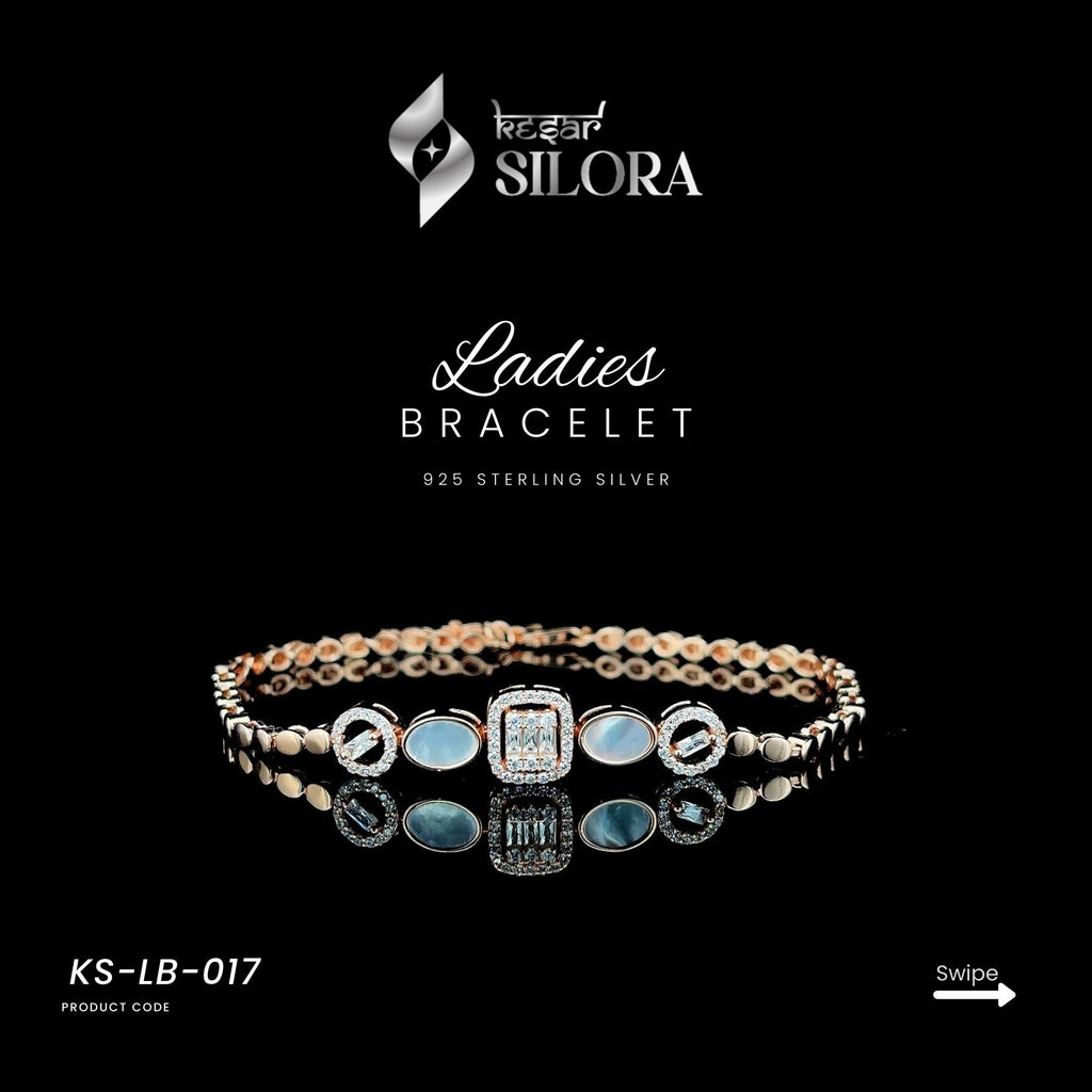 Rose Gold Plated Sterling Silver Bracelet With Mother-Of-Pearl Oval Links And A Central Rectangular Diamond Cluster