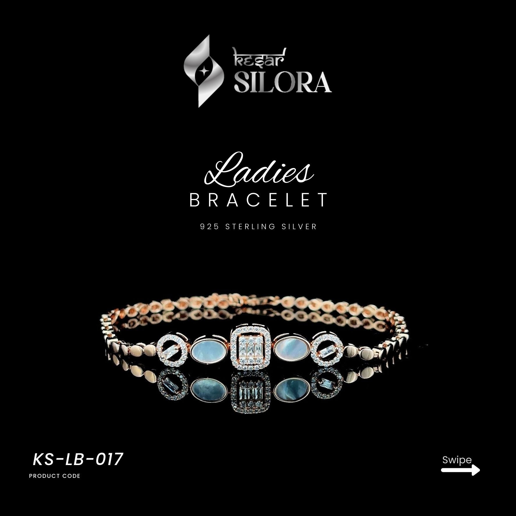 Rose Gold Plated Sterling Silver Bracelet With Mother-Of-Pearl Oval Links And A Central Rectangular Diamond Cluster