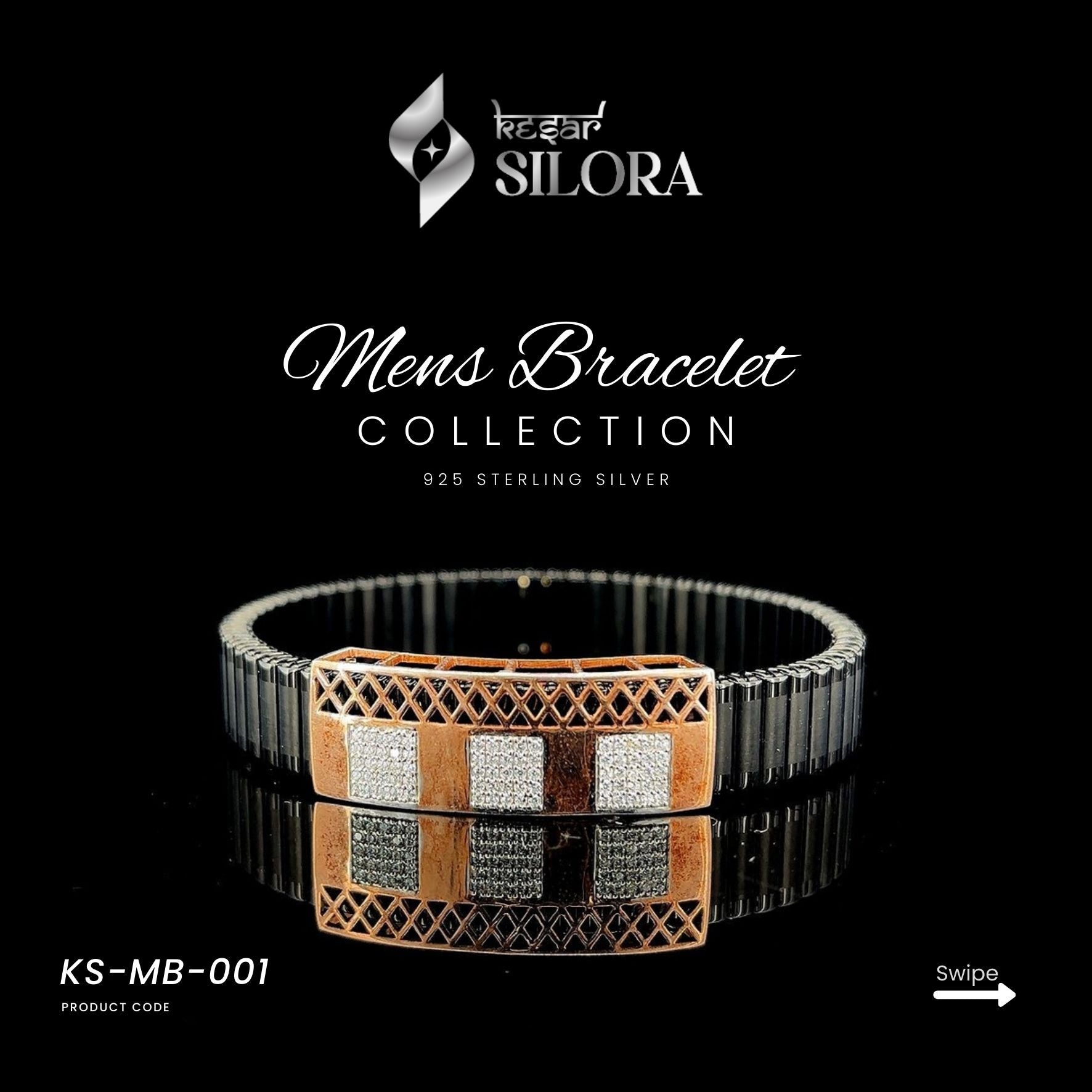Men's Black Band Bracelet Featuring A Gold-Toned Patterned Plate With Three Diamond-Studded Squares
