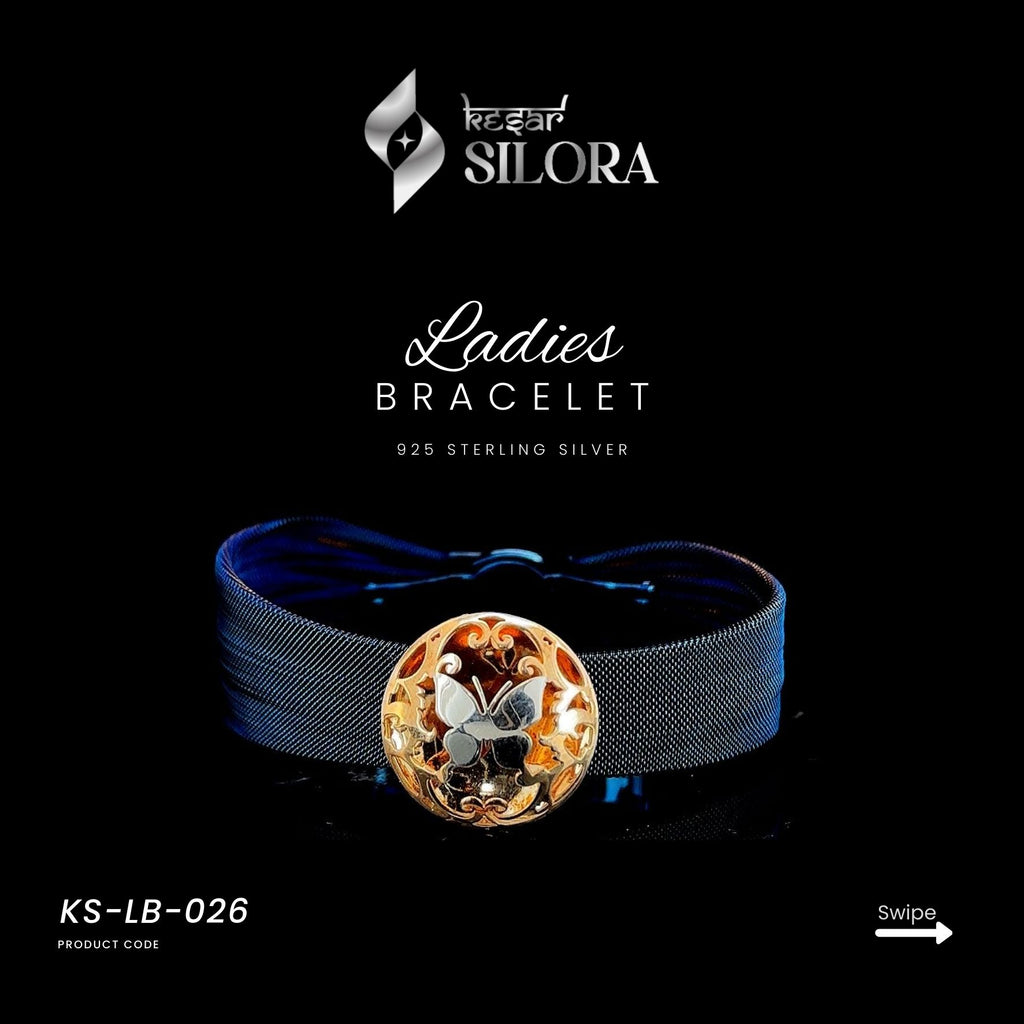 Blue Mesh Sterling Silver Bracelet With A Round, Gold-Tone Butterfly Charm