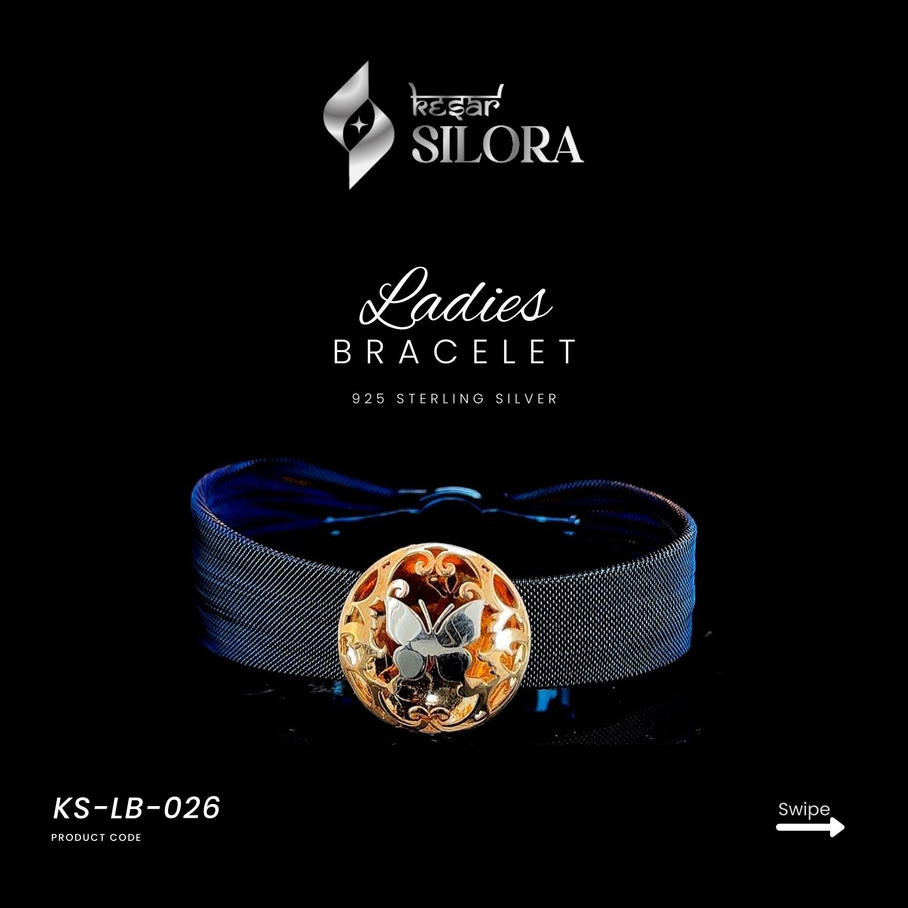 Blue Mesh Sterling Silver Bracelet With A Round, Gold-Tone Butterfly Charm