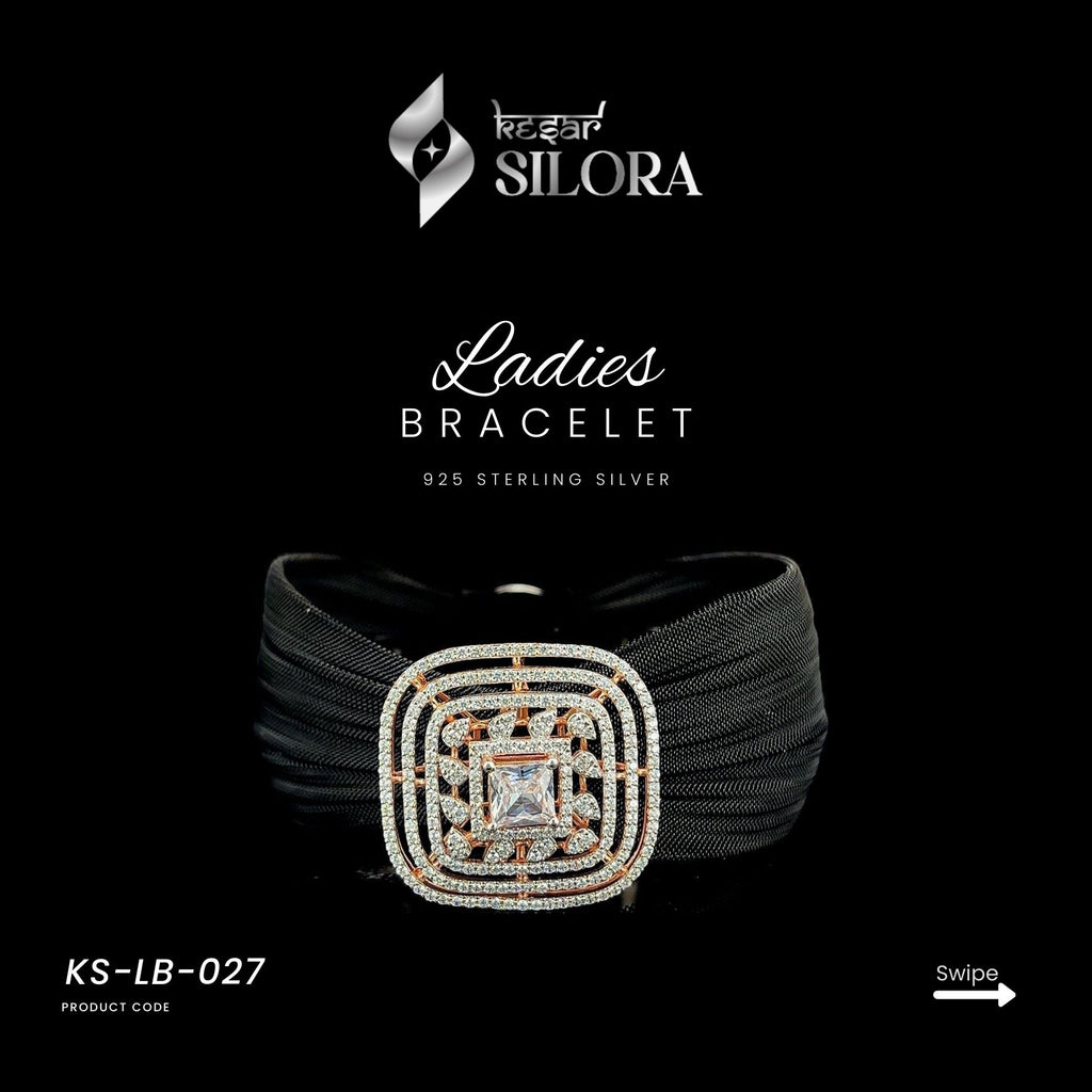 Black Mesh Sterling Silver Bracelet With A Diamond Studded Rose Gold Square Shaped Charm