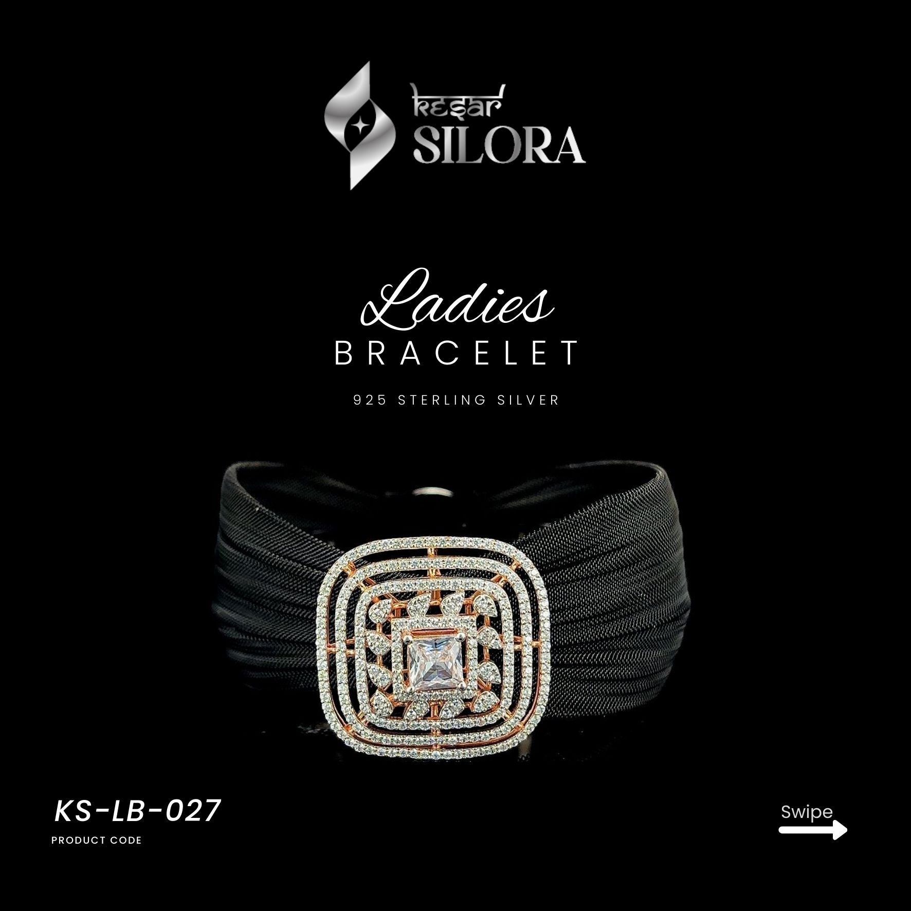Black Mesh Sterling Silver Bracelet With A Diamond Studded Rose Gold Square Shaped Charm
