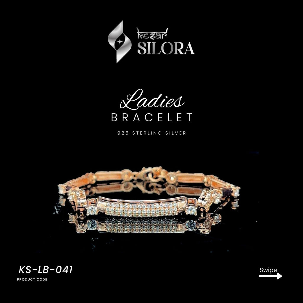 Rose Gold-Tone Diamond Studded Silver Bracelet With A Curved Pavé-Set Central Bar